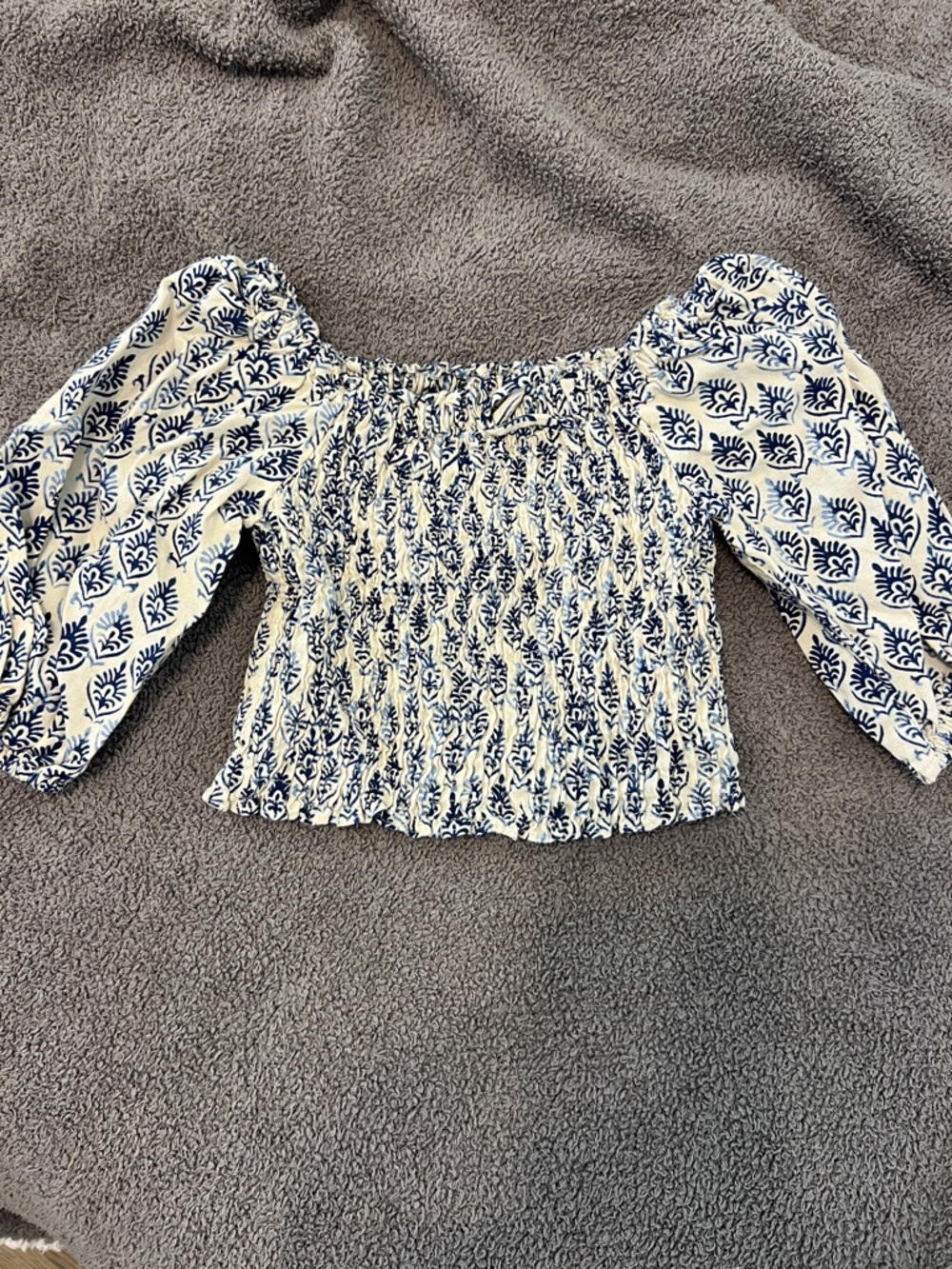 Smocked Off-Shoulder Women's Top in Navy and Cream